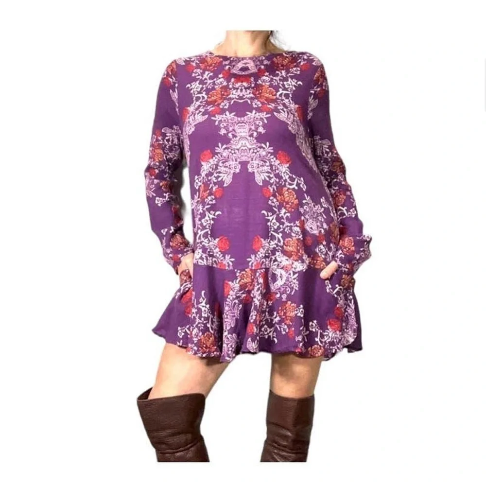 Free People Smooth Talker Purple Floral Open Back Long Sleeved Ruffled Tunic Top